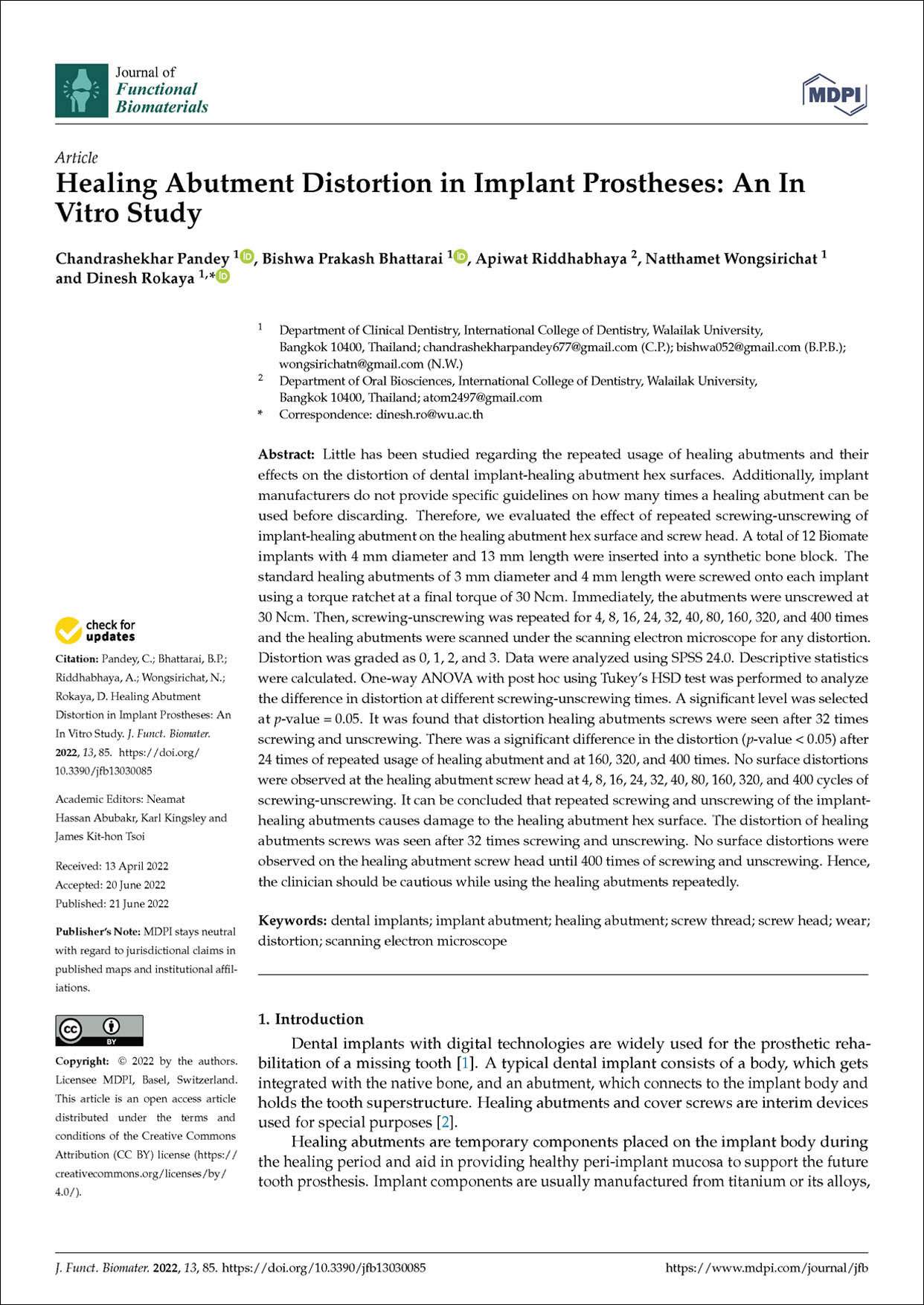 Healing Abutment Distortion in Implant Prostheses An InVitro Study
