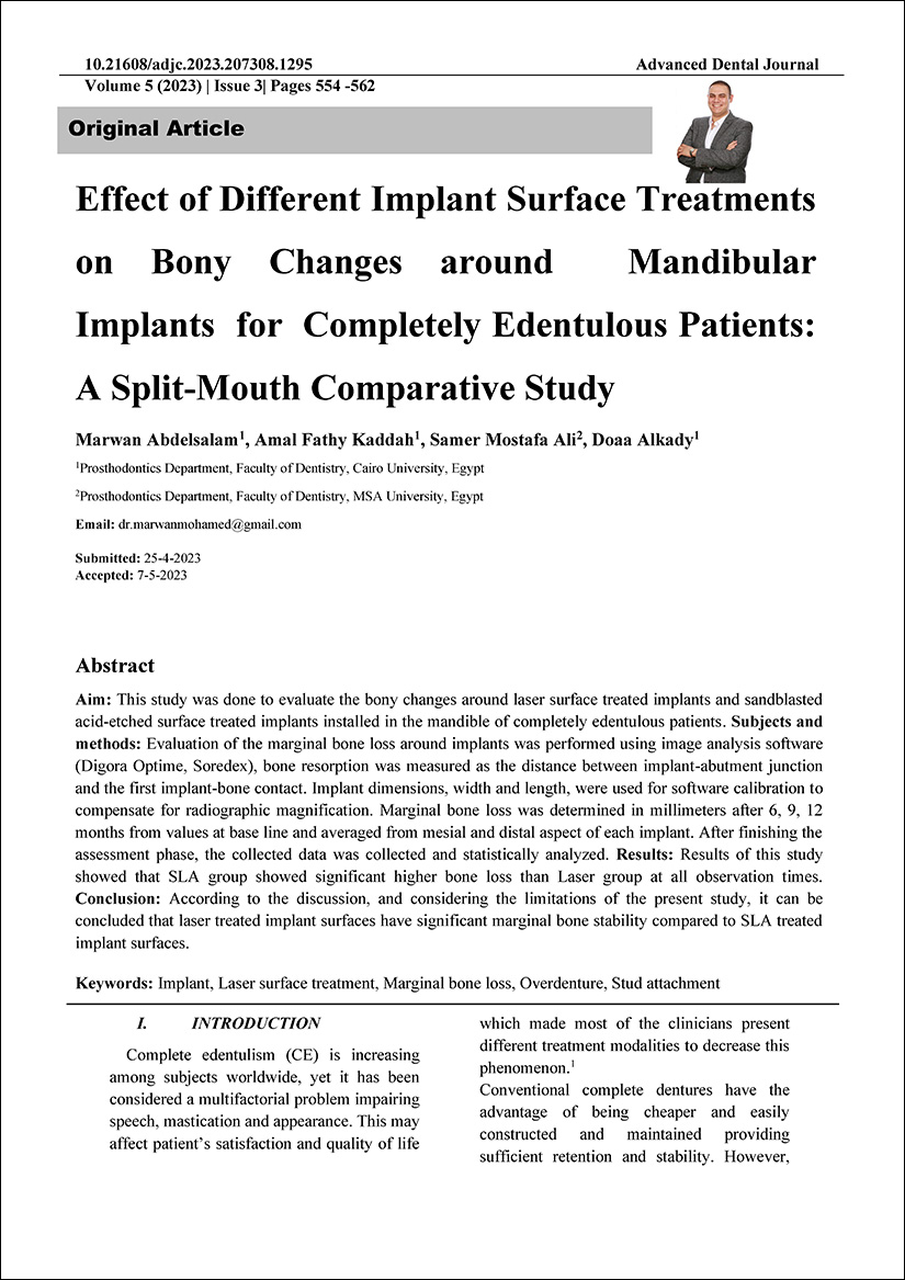 Effect of Different Implant Surface Treatments on Bony Changes around Mandibular Implants  for   Completely Edentulous Patients: A Split-Mouth Comparative Study