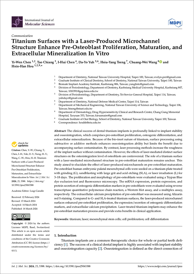 Titanium Surfaces with a Laser-Produced Microchannel Structure Enhance Pre-Osteoblast Proliferation, Maturation, and Extracellular Mineralization In Vitro