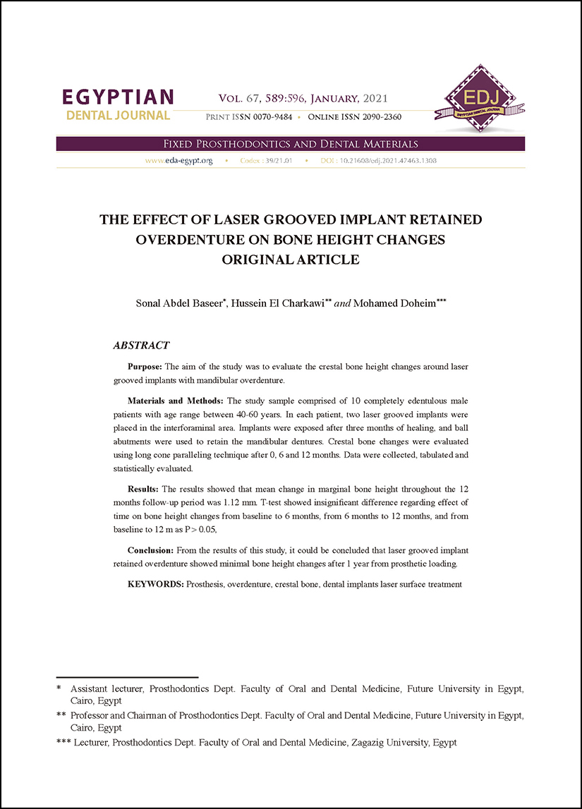 The Effect of Laser Grooved Implant Retained Over Denture On Bone Height Changes Original Article