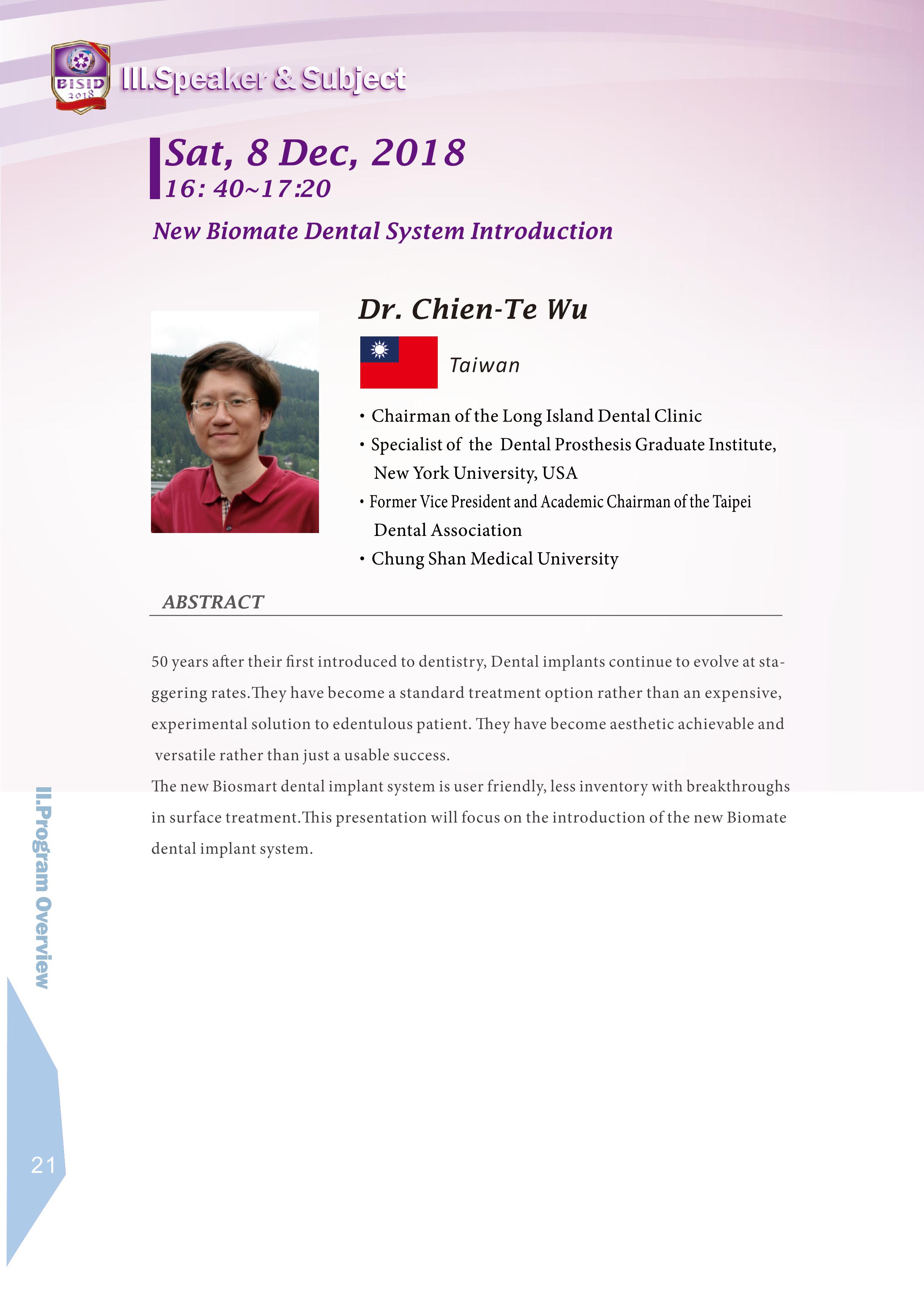 Biomate Internation Symposium of Implant Dentistry-Dr.Chien-Te Wu